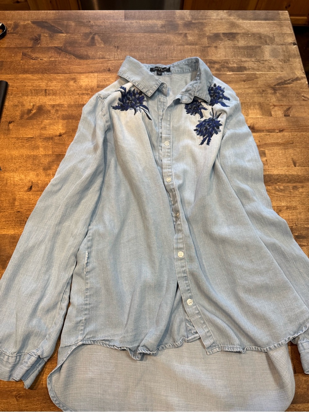 Velvet Heart Light Blue Button-Down Shirt with Navy Floral Embroidery